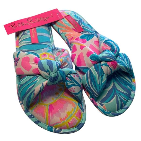 Lilly Pulitzer‎ S/M Pool Slipper Slides Aqua Pink Rainforest Retreat Resortwear - Picture 4 of 8